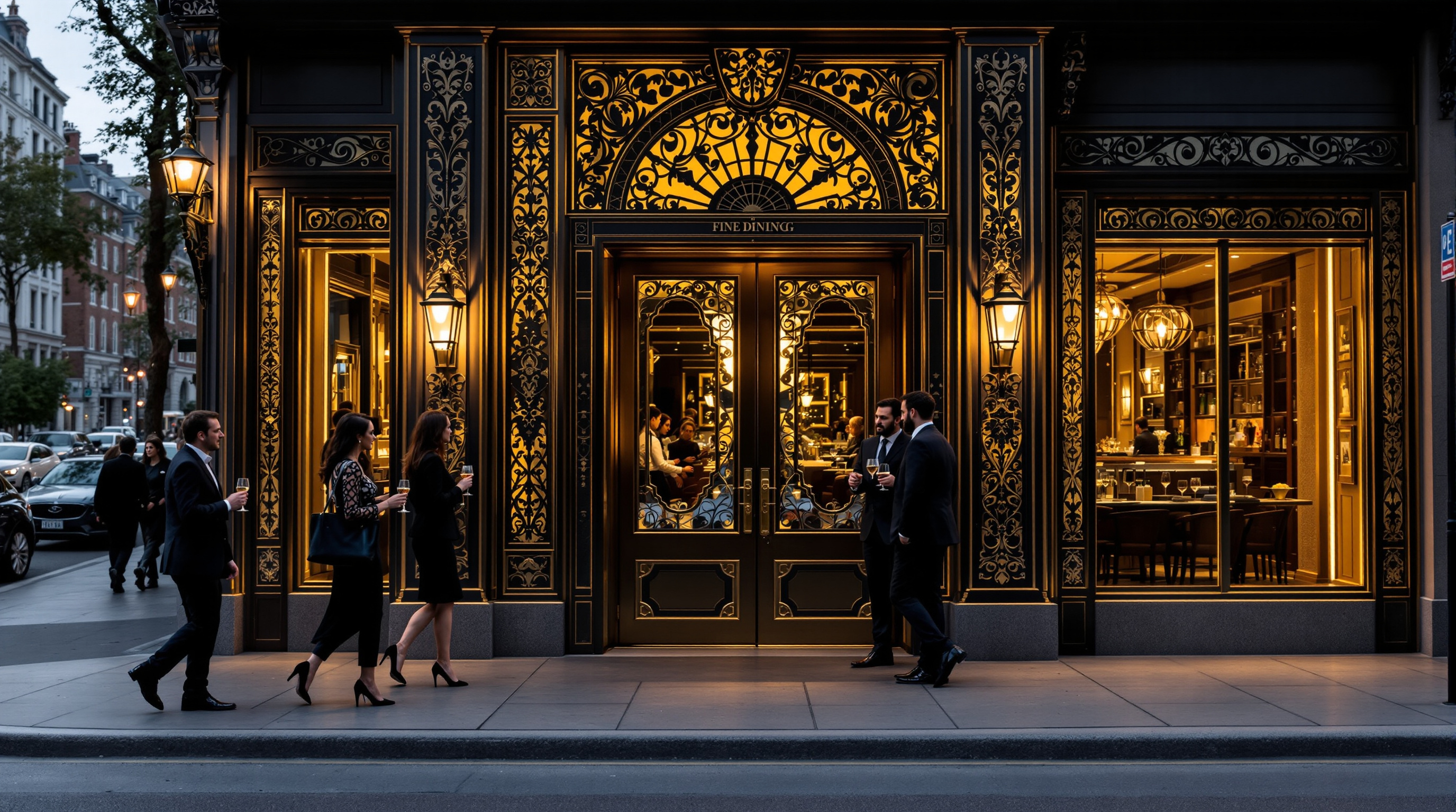 Luxury Boston restaurant entrance with custom Brass Works metalwork