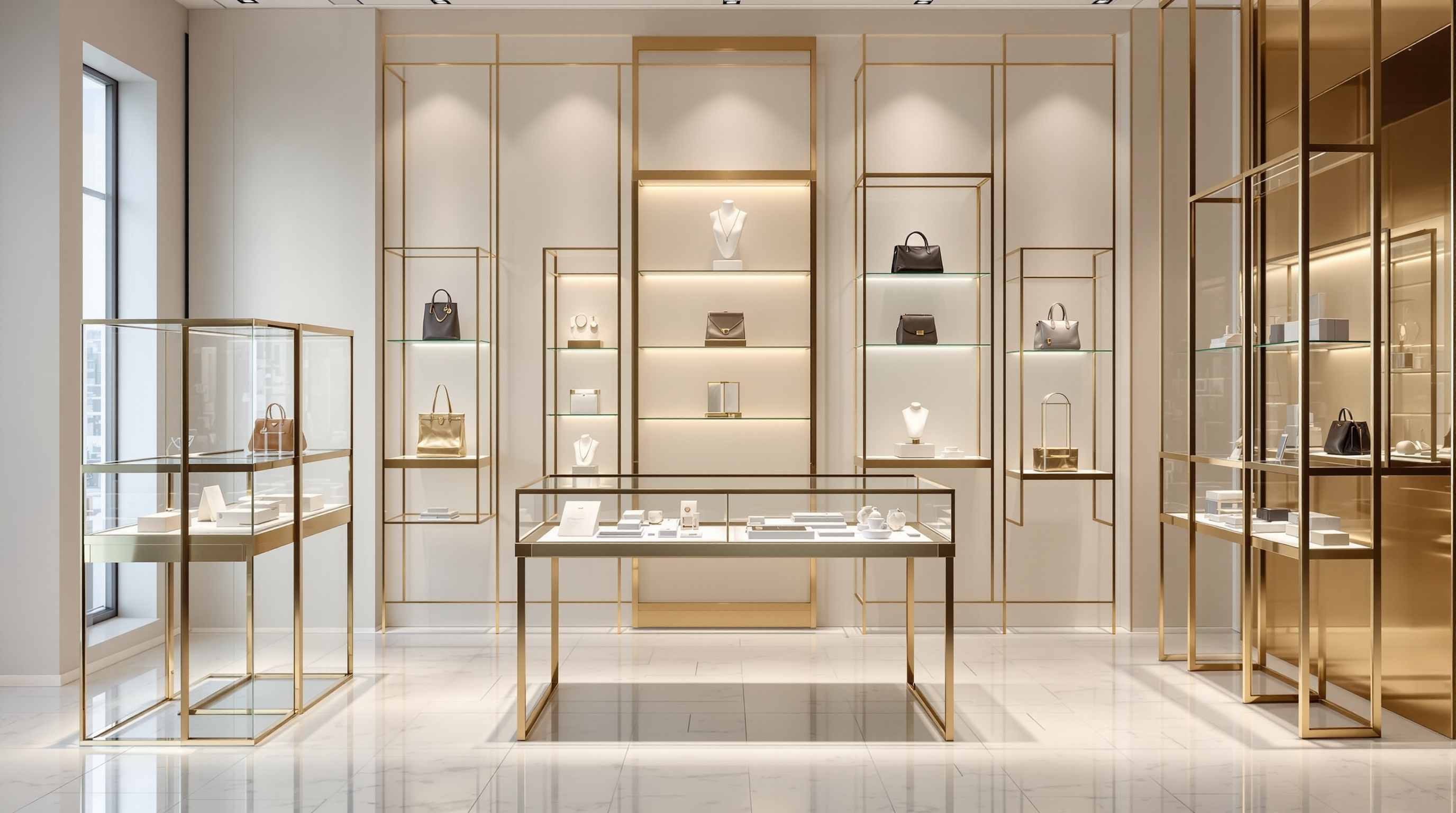 Custom brass and nickel retail display fixtures in luxury boutique