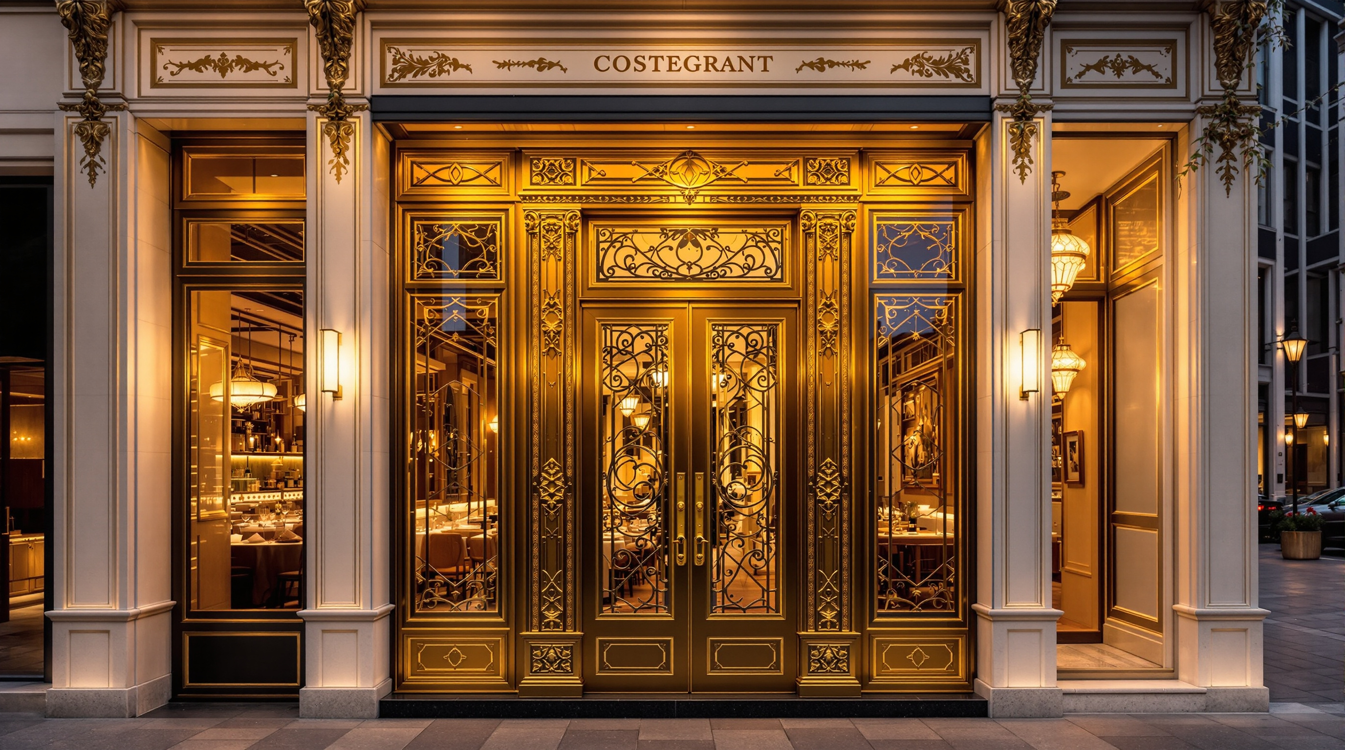 Custom brass entry door for luxury Boston restaurant