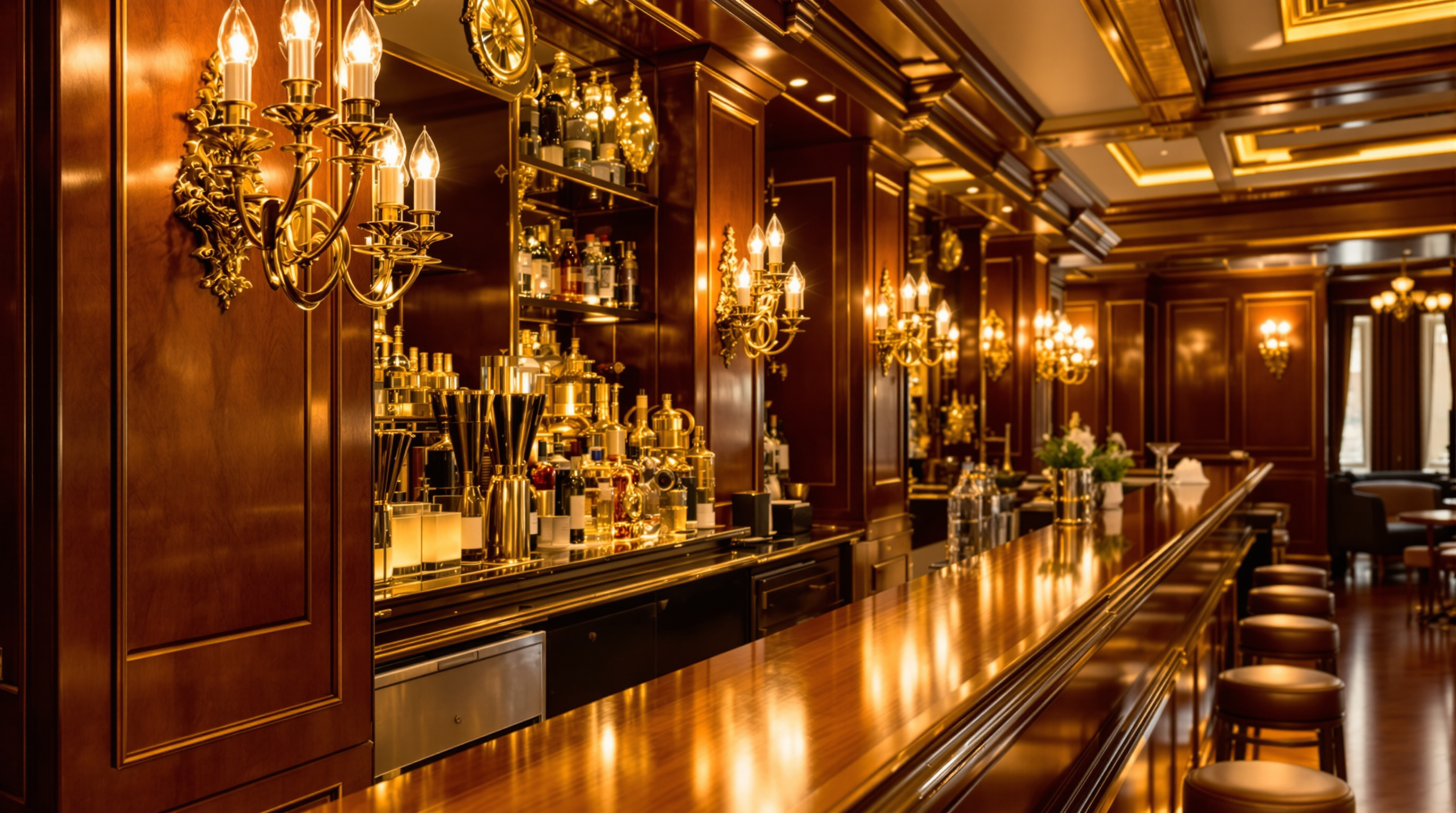 Brass and metal fixtures in luxury hotel bar interior