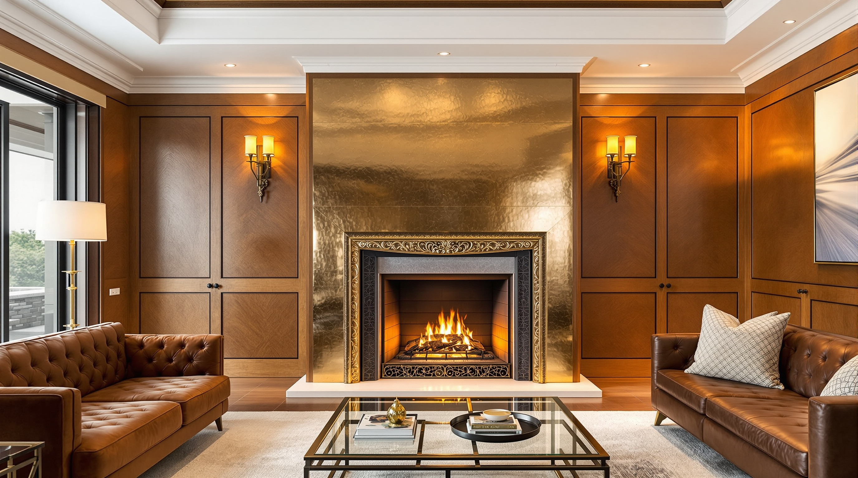 Custom hammered bronze fireplace surround in luxury residence