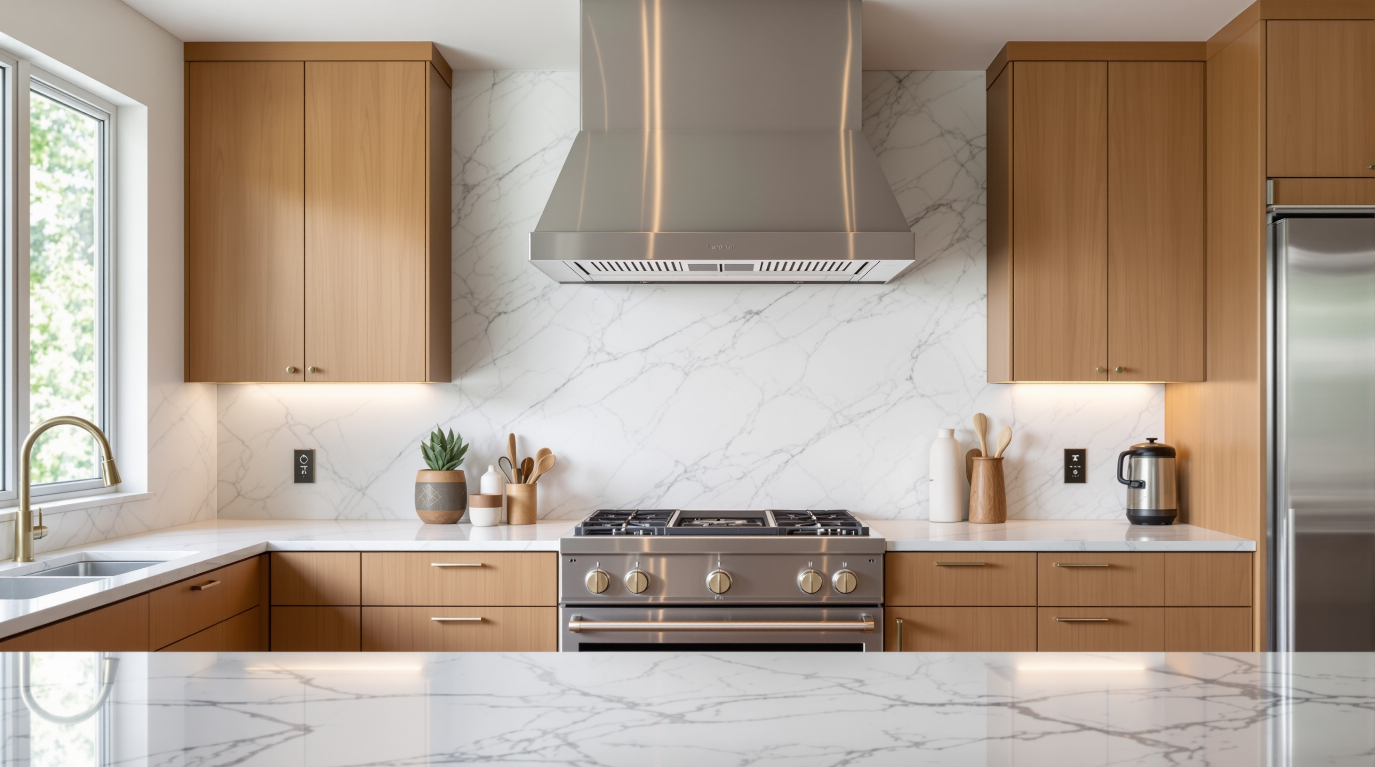Custom stainless steel kitchen range hood in luxury residential kitchen